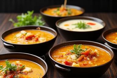 Various bowls of Sup Bonda Delights soups beautifully presented